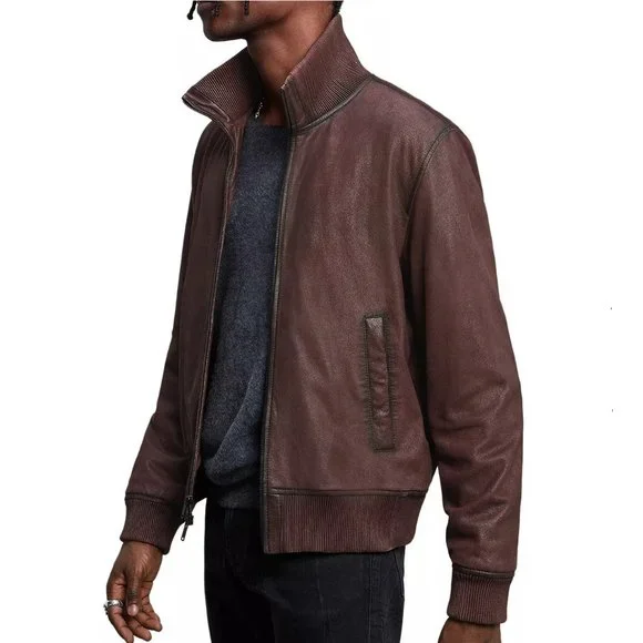 John Varvatos Star USA Men's Dani Goatskin Leather Zip Bomber Jacket Bordeaux - Picture 2 of 7